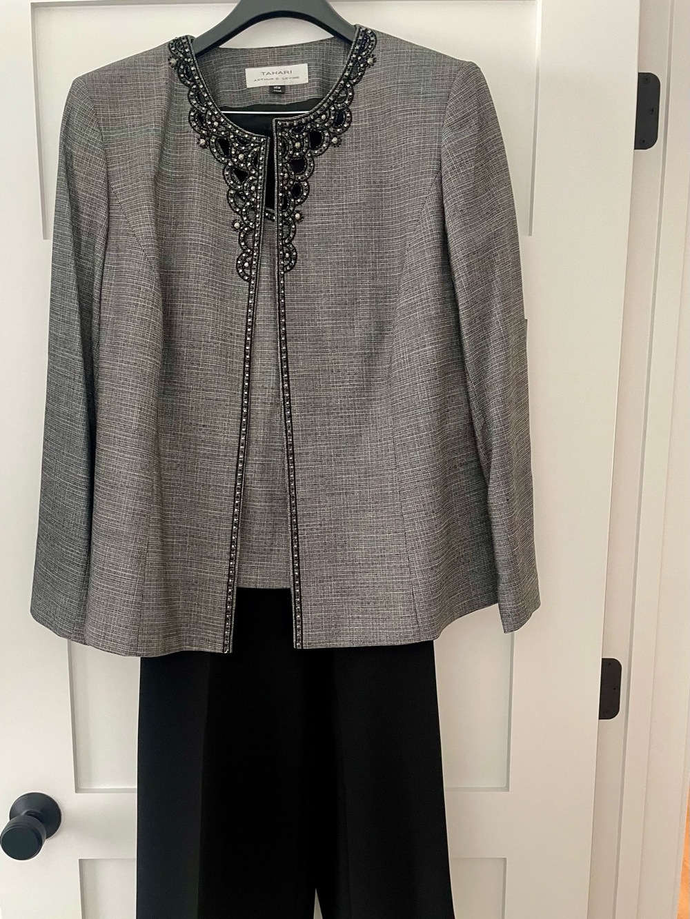 Tahari Black and White Beaded Open-Front Jacket, Top and Black Pants Suit